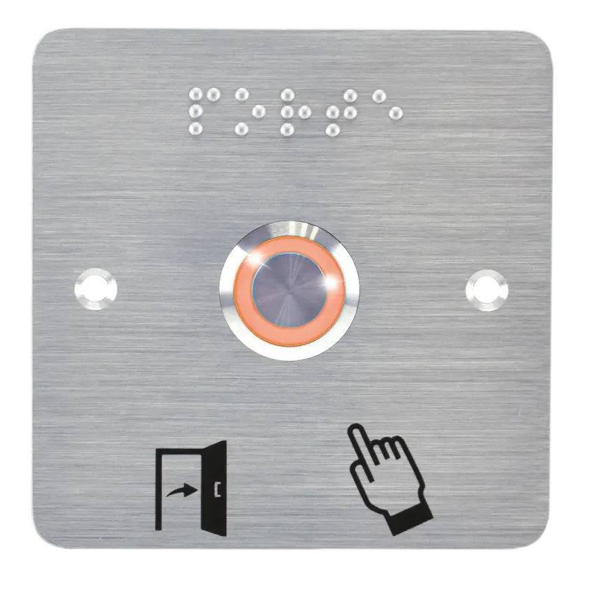 Bouton poussoir, Ø 19 mm, en acier inoxydable bornes à vis, halo orange, sur plaque carrée