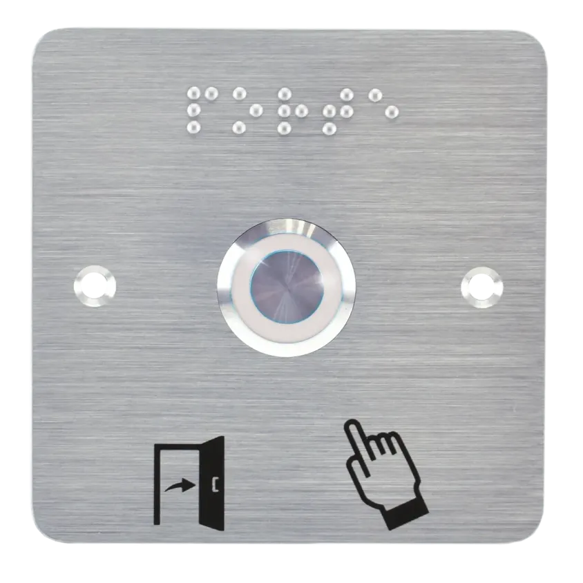 Bouton poussoir, Ø 19 mm, en acier inoxydable, bornes à vis, halo blanc, sur plaque carrée