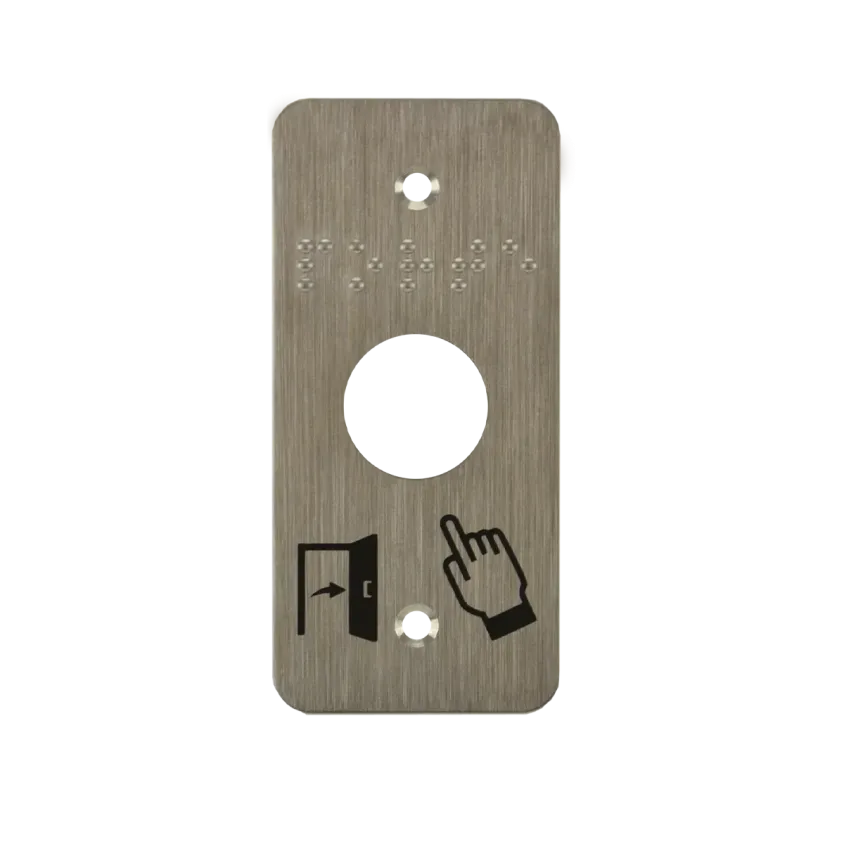 Plaque acier inoxydable 39,5 x 84,5 mm, perçage Ø 19 mm,  picto "Porte + doigt" et "PORTE" en braille 