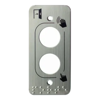 Plaque acier inoxydable 39,5 x 84,5 mm, perçage 2xØ19 mm,  picto "Porte + doigt" et "PORTE" en braille 