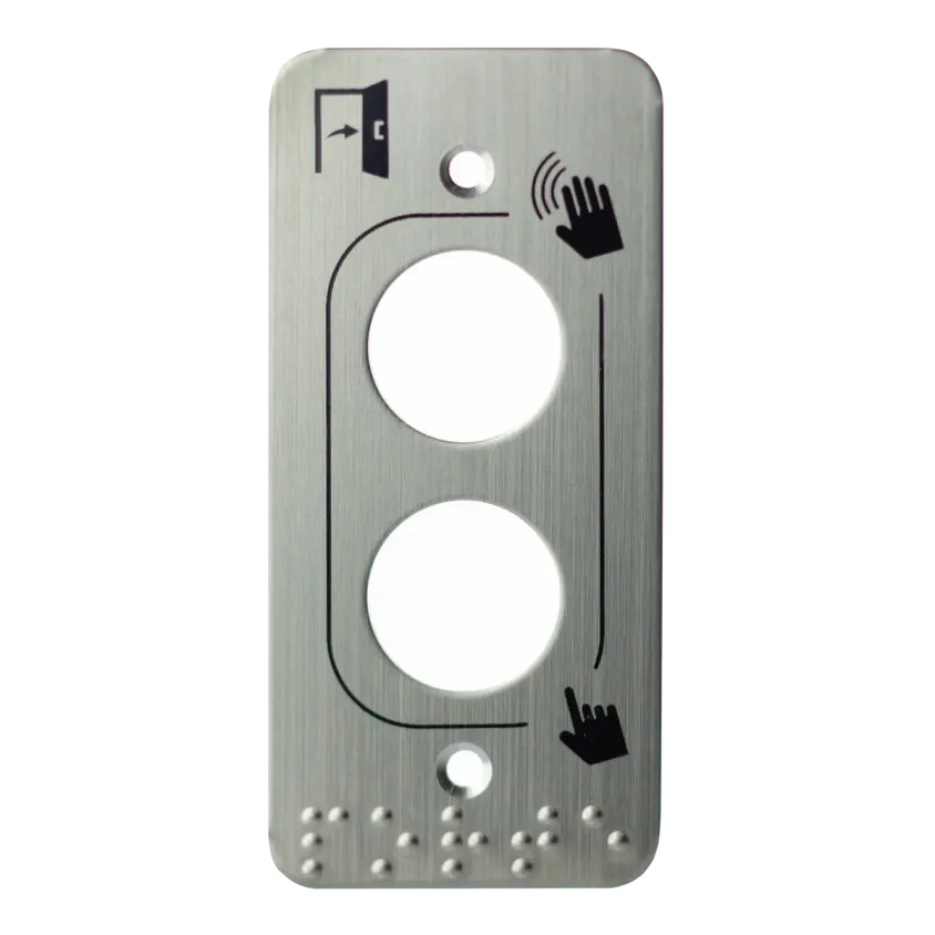 Plaque acier inoxydable 39,5 x 84,5 mm, perçage 2xØ19 mm,  picto "Porte + doigt" et "PORTE" en braille 