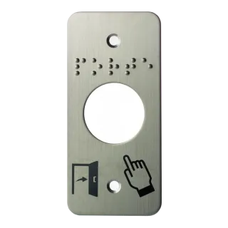 Plaque acier inoxydable 39,5 x 84,5 mm, perçage Ø 25 mm, picto "Porte + doigt" et "PORTE" en braille