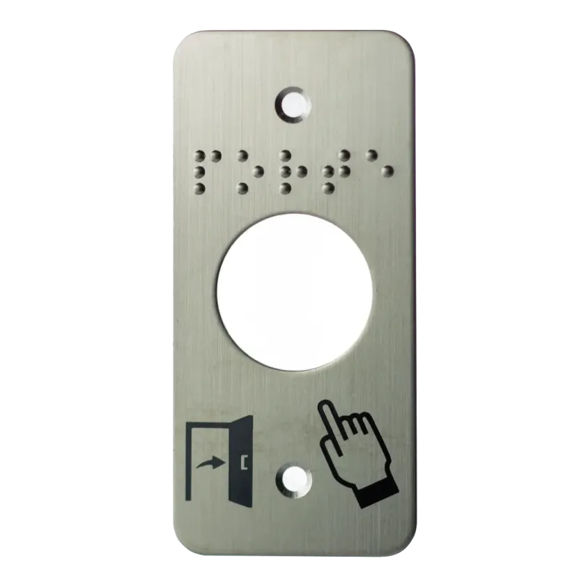 Plaque acier inoxydable 39,5 x 84,5 mm, perçage Ø 25 mm, picto "Porte + doigt" et "PORTE" en braille