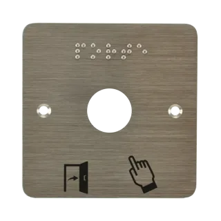 Plaque acier inoxydable 80 x 80 mm, perçage Ø 19 mm, picto "Porte + doigt" et "PORTE" en braille 