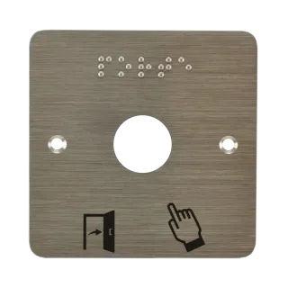 Plaque acier inoxydable 80 x 80 mm, perçage Ø 19 mm, picto "Porte + doigt" et "PORTE" en braille