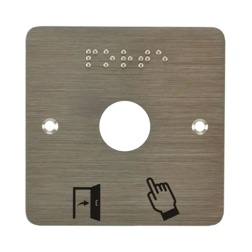 Plaque acier inoxydable 80 x 80 mm, perçage Ø 19 mm, picto "Porte + doigt" et "PORTE" en braille 