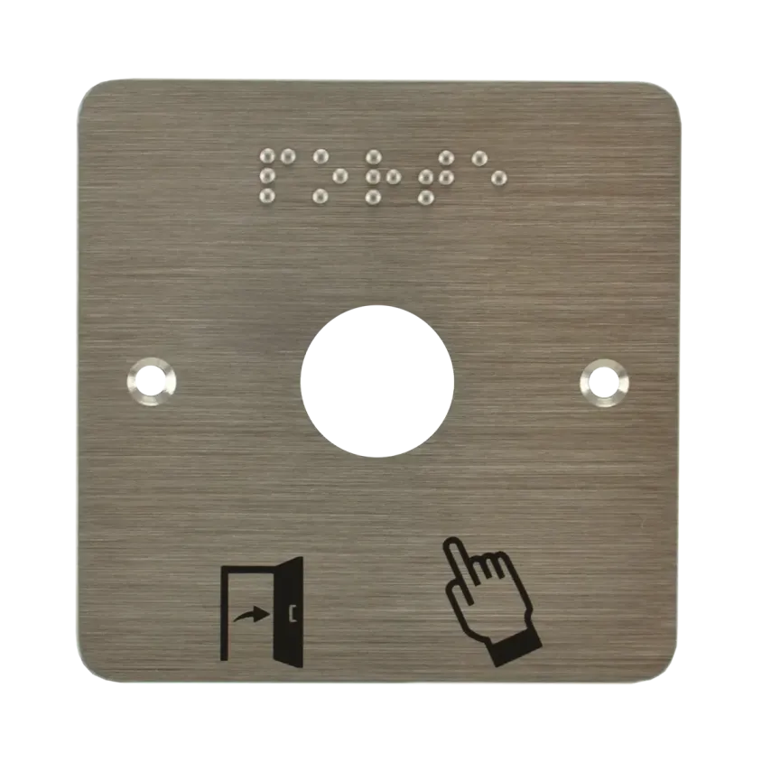 Plaque acier inoxydable 80 x 80 mm, perçage Ø 19 mm, picto "Porte + doigt" et "PORTE" en braille