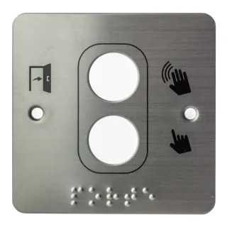 Plaque acier inoxydable  80 x 80 mm, perçage 2xØ19 mm, picto "Porte + doigt" et "PORTE" en braille 