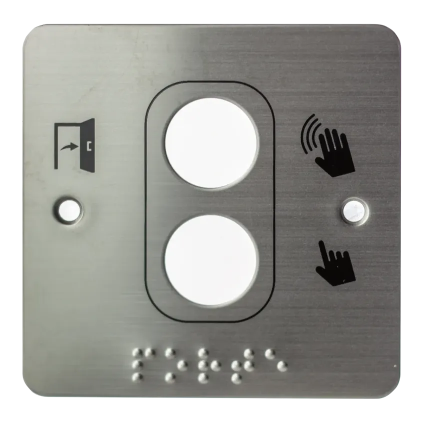 Plaque acier inoxydable  80 x 80 mm, perçage 2xØ19 mm, picto "Porte + doigt" et "PORTE" en braille 