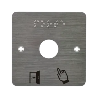 Plaque acier inoxydable  80 x 80 mm, perçage Ø 25 mm, picto "Porte + doigt" et "PORTE" en braille 