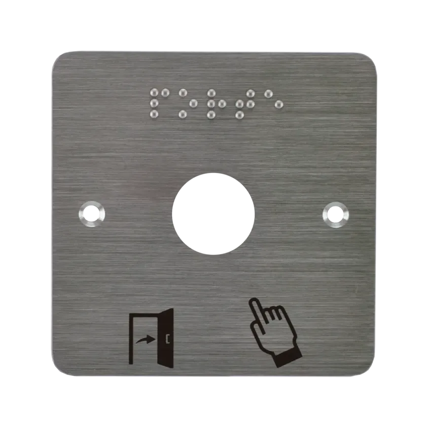 Plaque acier inoxydable  80 x 80 mm, perçage Ø 25 mm, picto "Porte + doigt" et "PORTE" en braille 