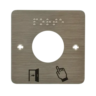 Plaque acier inoxydable  80 x 80 mm, perçage Ø 38 mm, picto "Porte + doigt" et "PORTE" en braille 