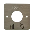 Plaque acier inoxydable  80 x 80 mm, perçage Ø 38 mm, picto "Porte + doigt" et "PORTE" en braille 