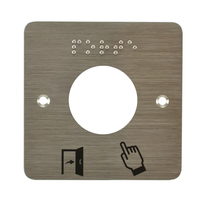 Plaque acier inoxydable  80 x 80 mm, perçage Ø 38 mm, picto "Porte + doigt" et "PORTE" en braille 