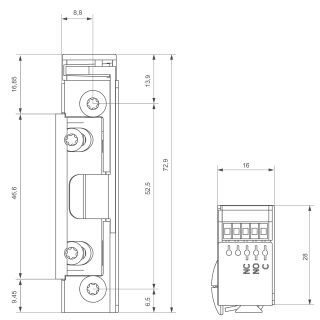 Gâche électrique à encastrer étroite S5 IP67, à émission de courant, 10-24V AC/DC, avec contact de signalisation