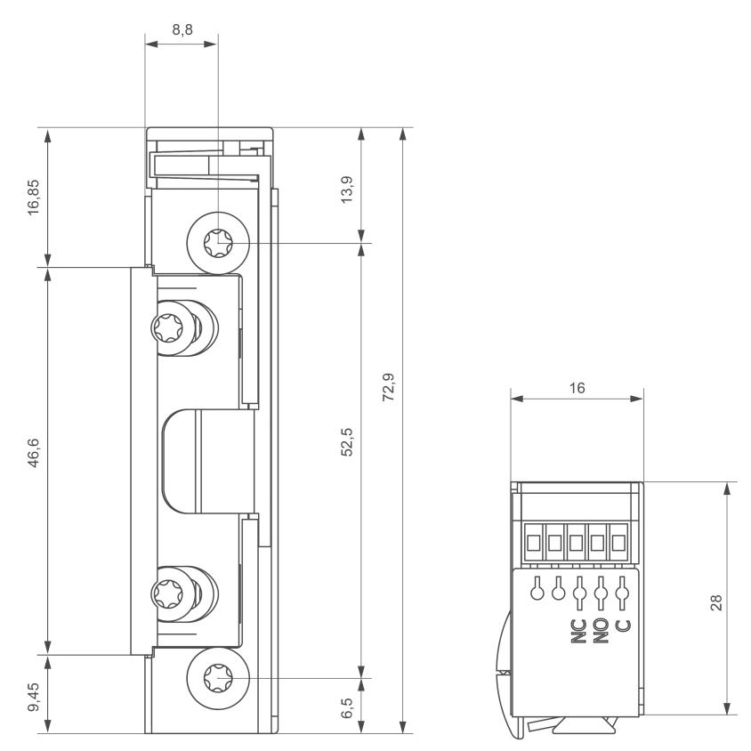 Gâche électrique à encastrer étroite S5 IP67, à émission de courant, 10-24V AC/DC, avec contact de signalisation