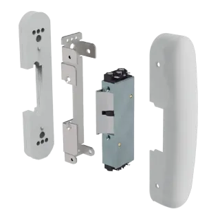 Gâche électrique en applique pour barre antipanique, à rupture de courant, 24V DC, avec contact de signalisation