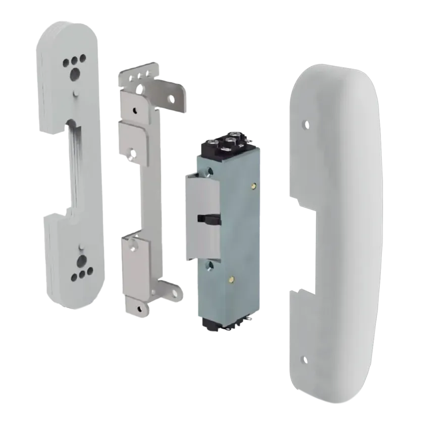 Gâche électrique en applique pour barre antipanique, à rupture de courant, 24V DC, avec contact de signalisation